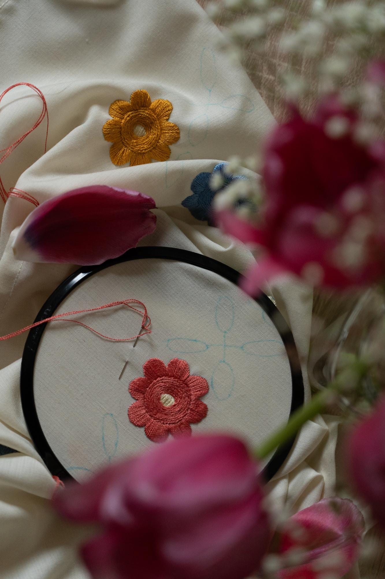 Close-up of artisan embroidery hoop with floral pattern
